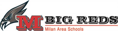 Milan Area Schools logo with hawk's head facing left and red block M.  Says "BIG REDS" above "Milan Area Schools" 