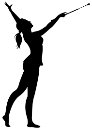 shadow image of female with arms raised and baton pointing in right hand  